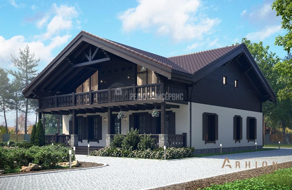 2. Проект одноэтажного дома в стиле шале с многоскатной кровлей, t-22-01, площадью - 187 кв c мансардой, терассой, балконом